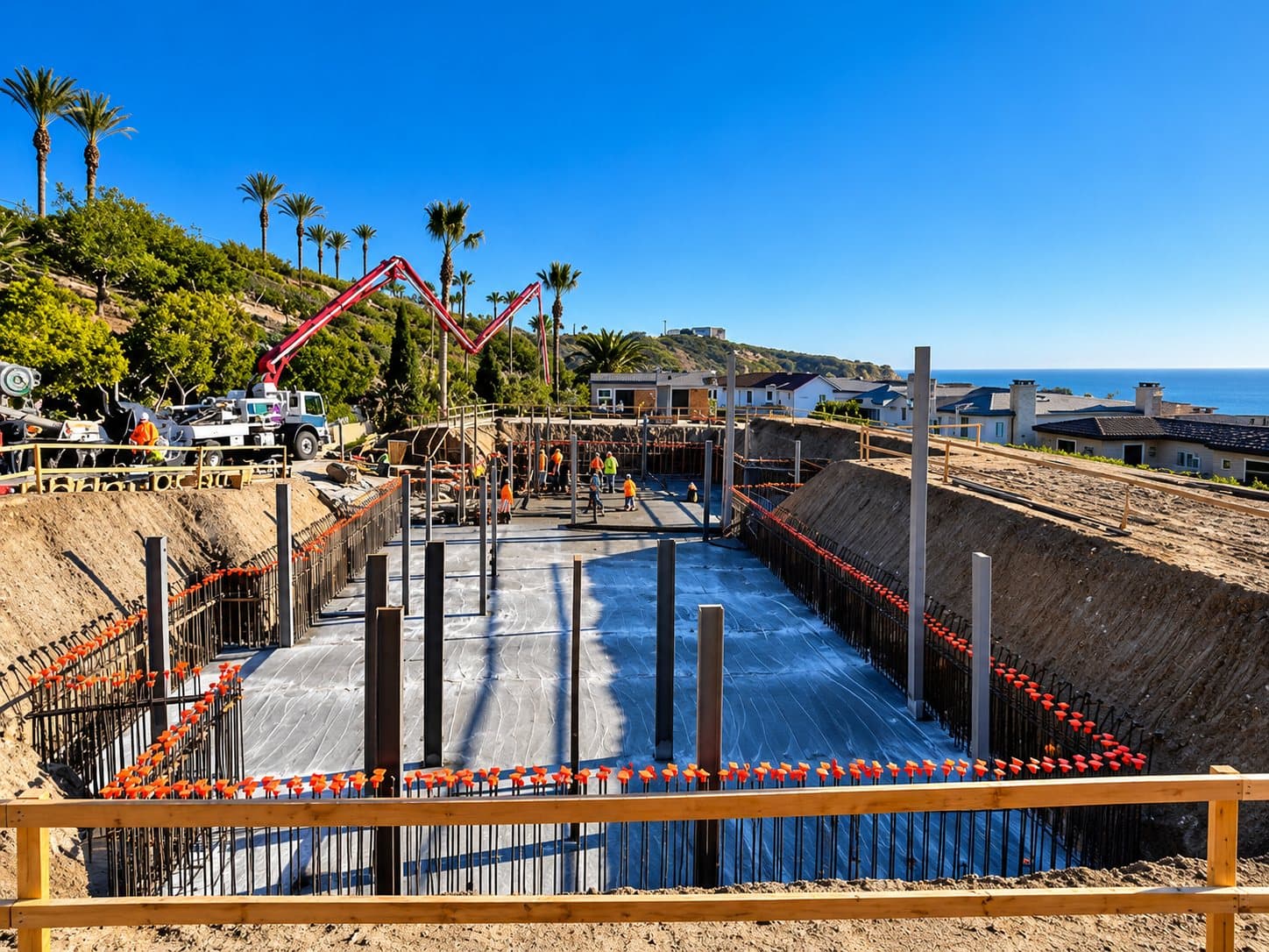 A foundation pour under way at a Genova custom home in Dana Point, rebar and steel columns rising from the slab with the Pacific beyond.