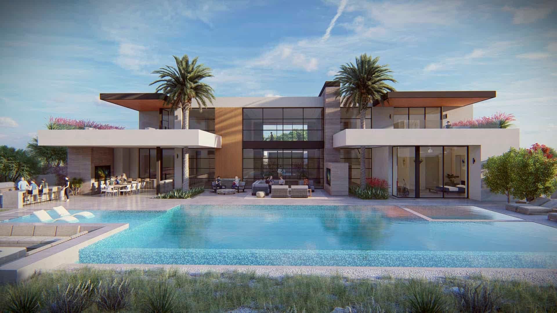 A contemporary gray-brick home in Newport Beach with tall gabled ends and full-height glass at the entry.