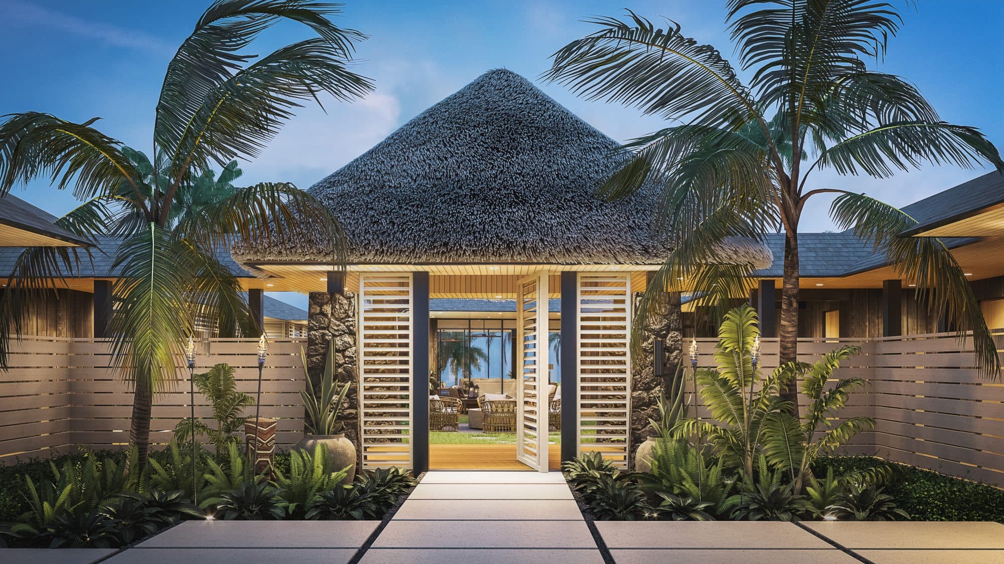 A rendering of Kauai II, a dark-timber Hawaiian home with a thatched entry pavilion framed by palms in Poipu.