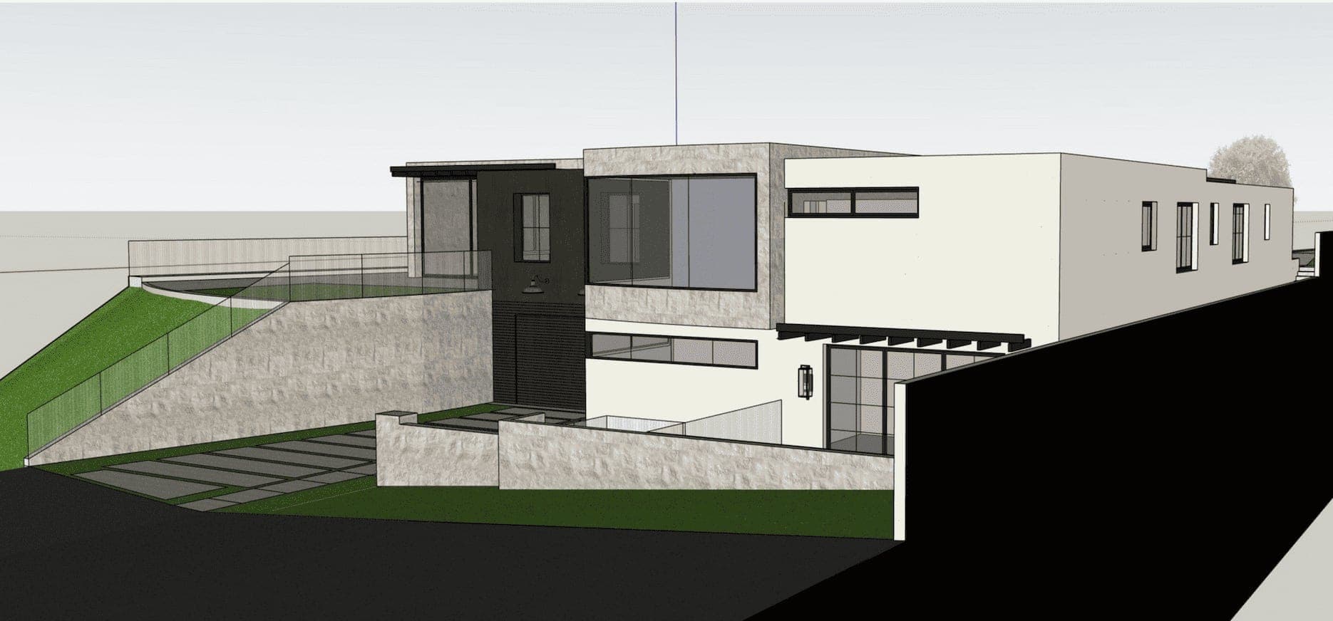 A rendering of a modern hillside home in Monarch Bay, Dana Point, in stone, stucco, and glass.