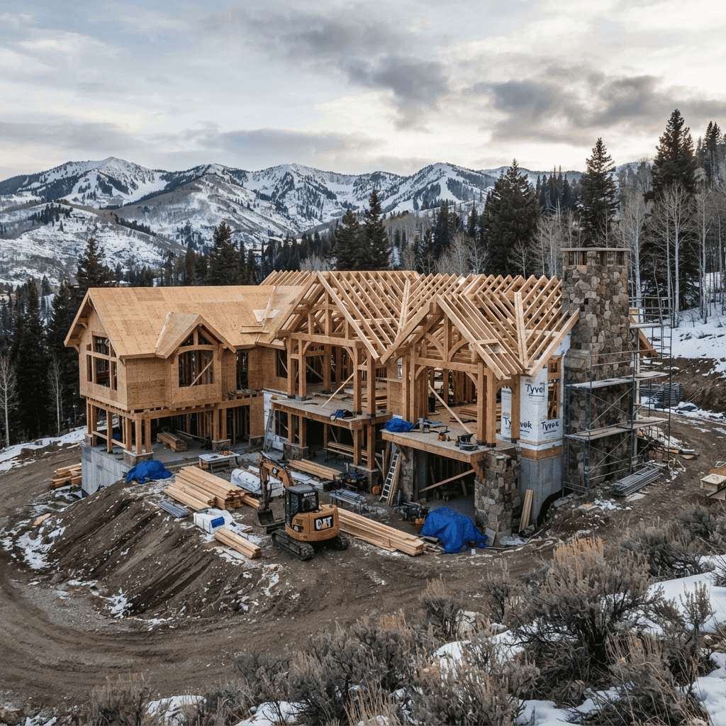 A Genova home under construction on a mountainside near Park City, its heavy timber trusses and stone chimney open to the sky, with the snow-covered Wasatch range behind.